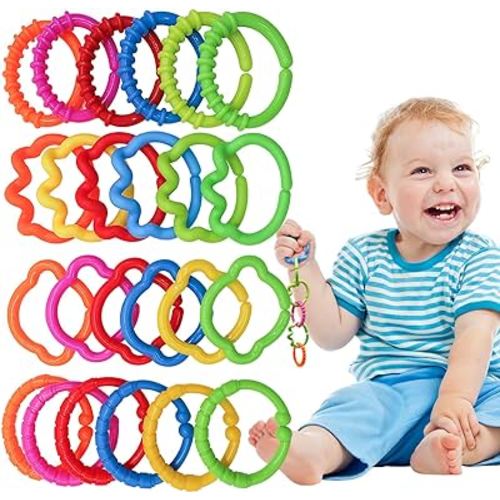 KAKIBLIN Baby Links Rings, Baby Toys Links, Hanging Stroller Ring Toy,Connecting Baby Rings Toy Links for Car Seat Toy for Baby Stroller 24 Pcs, Ages 0 Months Plus,Travel Accessory Set (Multicolor)