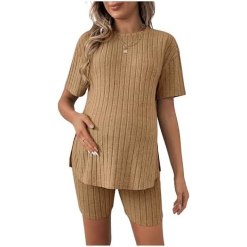 Women's Maternity Pajamas Set 2 Piece Outfits Rib Knit T Shirt and Biker Shorts Lounge Set Sleepwear
