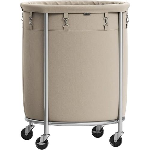 SONGMICS Laundry Basket with Wheels, Rolling Laundry Hamper, 45 Gal., Round Laundry Cart with Steel Frame and Removable Bag, 4 Casters and 2 Brakes, Camel Brown and Metallic Silver URLS001N01