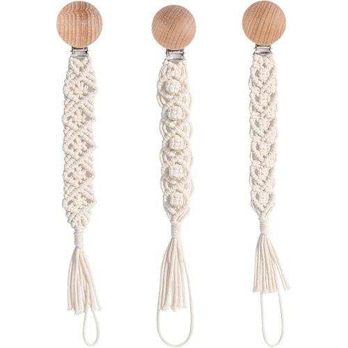Boho Pacifier Clip for Boys Girls Pacifier Holder Leash Wooden Clips Handmade Braided Cotton Unisex Baby Shower Birthday Gift Christmas Gift (Pattern 4)