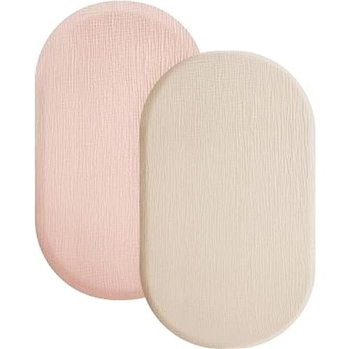 Konssy 2 Pack Muslin Fitted Bassinet Sheets for Baby Girl Boy, Soft Breathable Baby Bassinet Sheets Fit for Baby Bassinets, Cradle, Moses Basket Oval Rectangle Pad/Mattress (Pink,Summer Wheat)