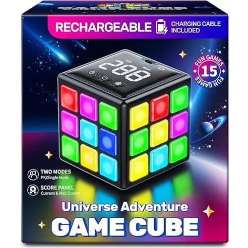 Rechargeable Game Cube, 15-in-1 Fun Brain Memory & Speed Games for Kids, Christmas Birthday Gifts for Boys Girls Ages 6-12+ Years Old, Cool Toys for Kids Teens with Score Screen (Black)