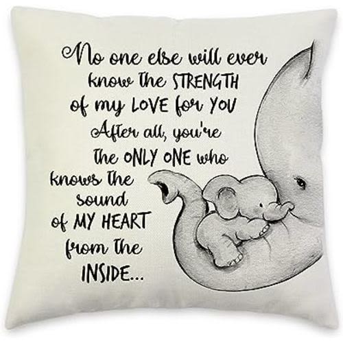 Tosnaeo Mother & Baby Elephant Gifts- No one Else Will Ever Know The Strength of My Love for You- Decorative Linen Throw Pillow Cover, 18x18 Inch Square Couch Pillow Cover Sentimental Gifts for Kids