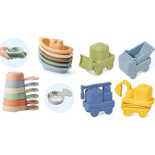 11 PCS Bath Toys Floating Boats with Bathing Spoon + 4 Pack Food-Grade Silicone Cars Bath Toys