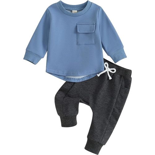 Toddler Baby Boy Outfits Long Sleeve Pocket Pull On Sweatshirt Solid Pants Infant Fall Winter Clothes Set