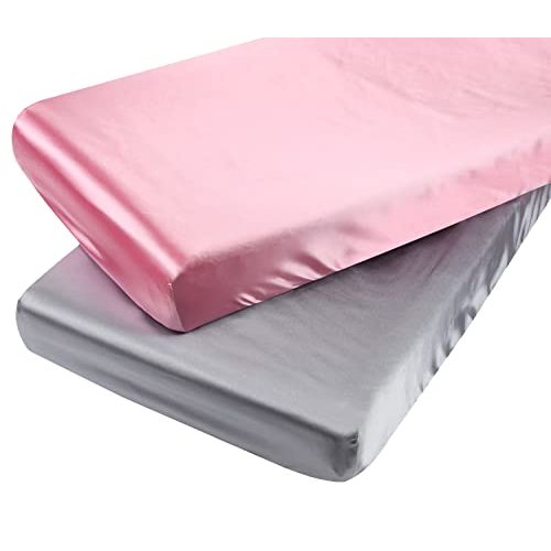Satin Pack n Play Sheet Set 2 Pack Ultra Soft Silk Fitted Mini Crib Sheets Playard Sheet Protect for Baby Hair and Skin, Grey & Pink