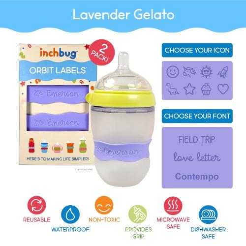 Baby Bottle Name Labels Personalized Sippy Cup Name Label for Daycare School Silicone Bands Engraved Name Label by InchBug (Lavender Gelato)