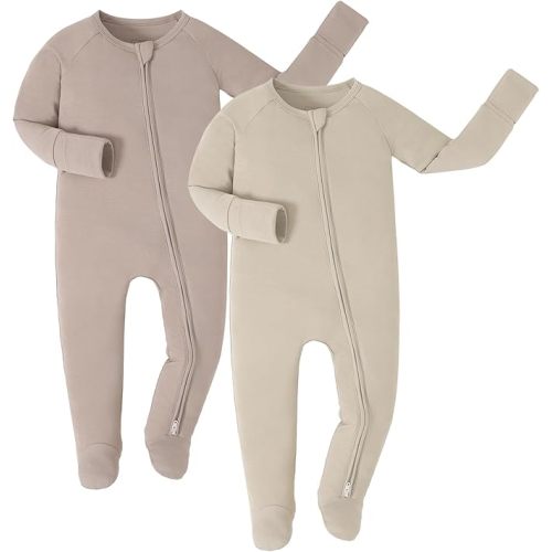 JunNeng Viscose from Bamboo Baby Sleeper,Newborn Footie Pajamas with 2 Way Zipper & Fold Over Mittens,0-12M