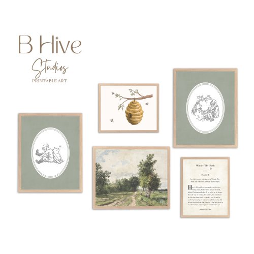 Vintage Pooh Bear Wall Prints, Classic Pooh, Classic Winnie Nursery Decor, Traditional Nursery Art, Sage Green Artwork, Landscape