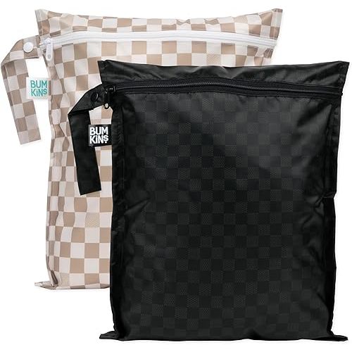 Bumkins Waterproof Wet Bag for Baby, Travel, Swim Suit, Cloth Diapers, Pump Parts, Pool, Beach, Gym Clothes, Toiletry, Hook to Stroller, Daycare, Zip Reusable Wetdry Pack, 2-pk Beige and Black Check