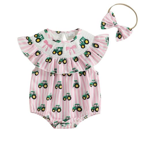 LZUBCPY Baby Girl Summer Tractor Bow Embroidery Smocked Bubble Romper in Pink Stripe Headband Cute Newborn Going Home Outfit