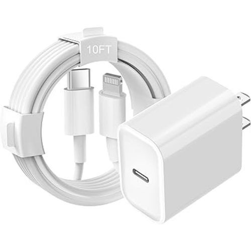 iPhone Charger Fast Charging 10 Feet, PD 20W USB C Wall Charger Block Lightning Cord with 10FT Long Type C to Lightning Fast Charging Data Sync Cable Compatible with iPhone 14 13 12 11 XS XR X 8 iPad