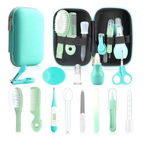Baby Healthcare and Grooming Kit, 14 in 1 Baby Safety Set Newborn Nursery Health Care Set with Hair Brush Scale Nail Clippers for Baby Girls Boys(14 Kits Green)
