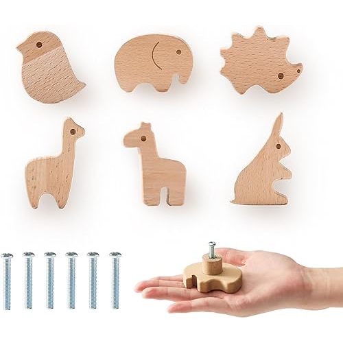 Wooden Animal Cabinet Knobs Decorative Wood Dresser Pulls with Screws Bird Alpaca Series Drawer Knobs Woodland Animal Nursery Dresser Knobs Suitable for Children's room Drawers Cabinets(6 Sets)