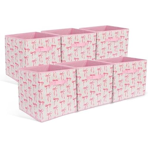 6 Pcs Pink Bow Cube Storage Bins 12.5 Inch Pink Storage Basket with Handle, Preppy Girls Organizer Basket, Collapsible Fabric Box for Classroom Bedrooms Office Home Decoration (Bow)