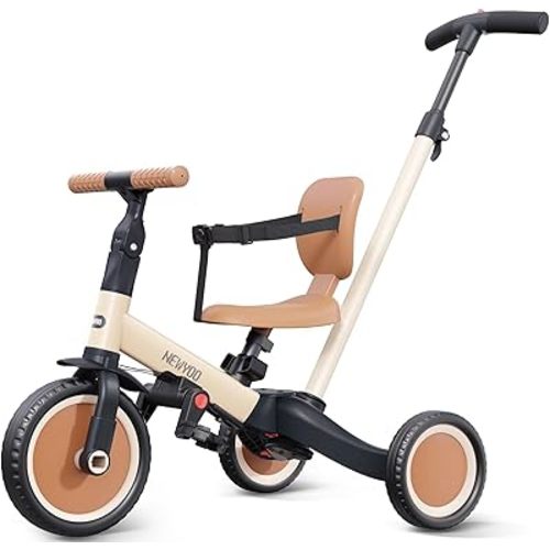 newyoo Toddler Tricycle with Push Handle for 1-3 Year Old, Toddler Bike, Birthday Gift and Toy for Boys and Girls, 5 in 1 Kids Trike, Balance Bike with Backrest and Safety Belt, Khaki, TR007