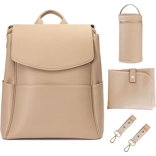 Leather Diaper Bag Backpack with USB Charging port, Changing Pad, Stroller Straps, and Bottle Holder (Beige Olivia)