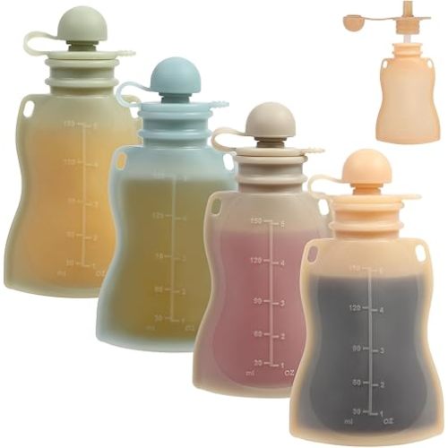 Reusable Baby Food Pouches, 4 Pack with Straw Squeezable Pouches for Toddlers, BPA-Free, Refillable Silicone Baby Food Storage Containers, 5 oz
