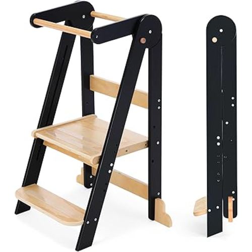 Nordi Foldable Toddler Kitchen Tower, Montessori Kitchen Stools Helper, Standing Tower with 3 Adjustable Heights, Suitable Age for 2-6 Years, Black