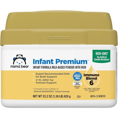 Amazon Brand - Mama Bear Infant Milk-Based Baby Formula Powder with Iron, 2'FL HMO, Omega-3 DHA and Choline, Brain, Growth, Immunity, Non-GMO, 1.39 pound (Pack of 1)