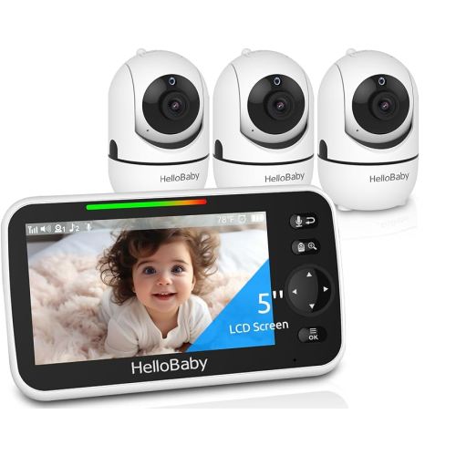 HelloBaby HB6550 5" Baby Monitor 3 Cameras, 26-Hour Battery, Pan-Tilt-Zoom,1000ft Range Video Audio Baby Monitor No WiFi, ECO, Night Vision, 2-Way Talk, 8 Lullabies and Temperature, Ideal Gifts