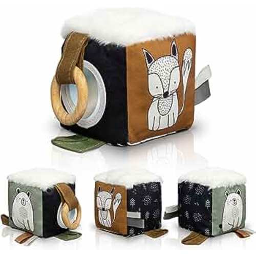 Soft Toy Block with Wooden Ring for Babies 0-3 and 0-6 Months - The Perfect High Contrast Activity Cube & Teething Toy with Tummy Time Mirror for Newborns - A Fun Sensory & Development Toy for Infants