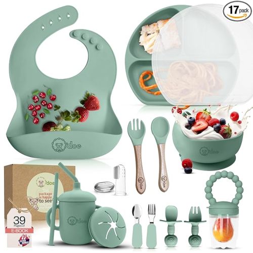 O'doe 17-Piece BPA-Free Silicone Baby Feeding Set | Thick & Soft Suction Plates, Baby Bowls, Wooden Fork & Spoon, and More | Make Mealtime Fun and Easy for Your Little One (Green, V2)
