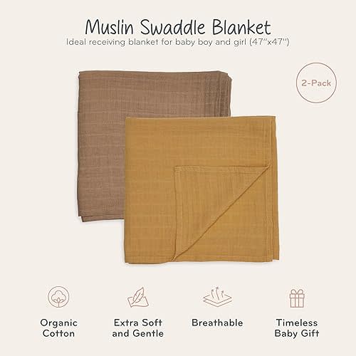 Swaddle Blanket - Organic Cotton - Swaddles for Newborns - Newborn Swaddle - Muslin Swaddle Blankets - 100% Cotton Blanket, 47" x 47" 2-Pack (Autumn Yellow/Natural)