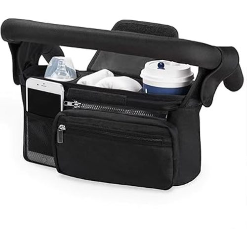 Universal Stroller Organizer with Insulated Cup Holder, Detachable Phone Bag and Shoulder Strap, Cozy Nest Stroller Caddy Organizer Fits for All Stroller Types (Black)