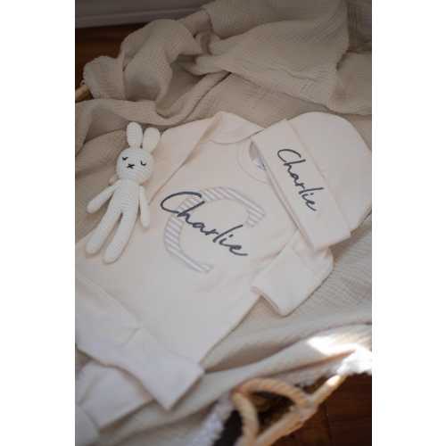 Personalized neutral baby fold over footie and hat set, custom infant boy coming home outfit, baby shower gift, cotton romper with footies