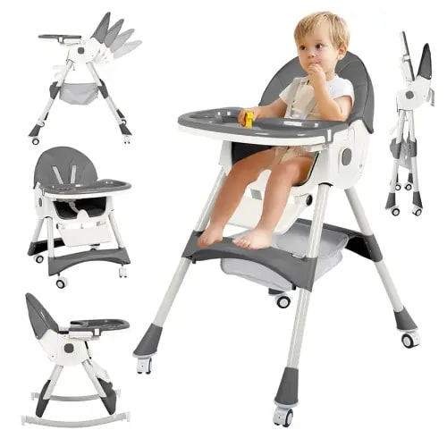 Foldable Baby High Chair,6 in 1 Portable Convertible High Chairs for Babies and Toddlers with Lockable Wheels,Adjustable Height & Recline,Double Removable Tray