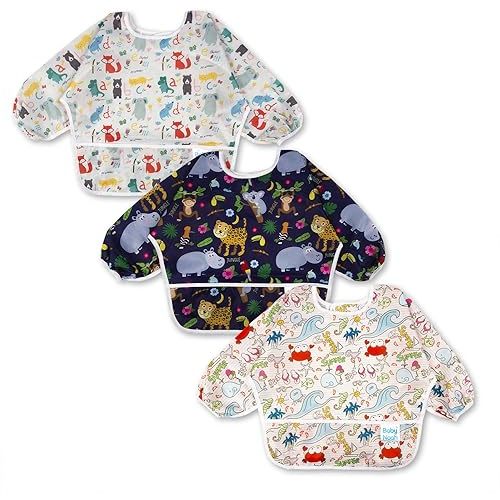 3 Pcs Long Sleeved Bib Set | Baby Waterproof Bibs with Pocket Bundle Toddler Bib with Sleeves and Crumb Catcher 6-24 Months