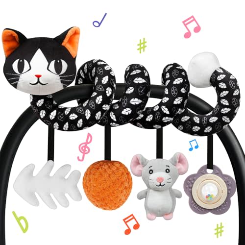 Car Seat Toys for Babies 0-6 Months,Hanging Rattle Toys for Crib Mobile, Baby Spiral Hanging Stroller Black and White High Contrast Toys for Newborn 0 3 6 9 12 Months Baby Boys Girls (Cat)