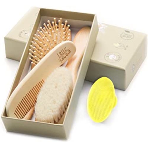 Baby Hair Brush and Comb Set for Newborn Wooden 4 Piece Soft Bristle Baby Brush and Comb Set for Newborn Girl Boy and Toddler Soft Cradle Cap New Born Infant Hair Brushes Perfect Baby Registry Gift