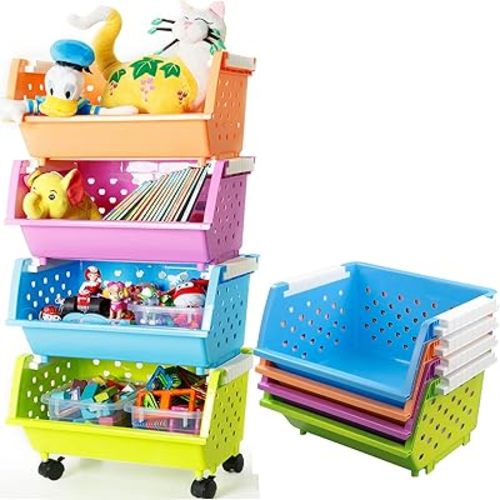 Kids' Toys Storage Organizer Bins Baskets with Wheels Can Move Everywhere Large 4 Baskets Natural/Primary (Primary Collection) (Purple&Blue&Orange&Green)