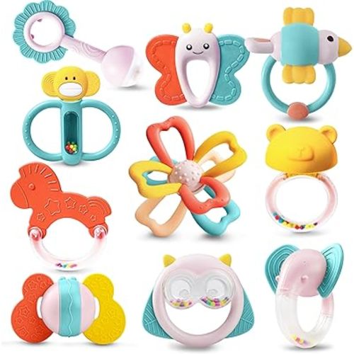SYNCFUN Baby Toys 0-6 Months, 10 Pack Baby Teething Toys, Infant Baby Toys 6-12 Months, Rattles Teethers Toys for Baby 0-3-6-12 Months, Newborn Baby Boy Girl Gifts