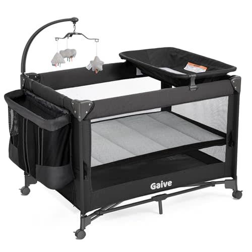 GAIVE Baby Bassinet Bedside Crib, Pack and Play with Mattress, Diaper Changer, One-Push Setup Playards from Infants to Toddlers (Black)