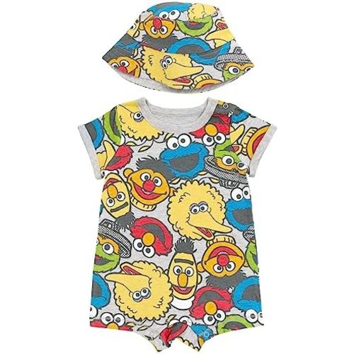 Sesame Street Elmo Cookie Monster Big Bird Romper and Bucket Sun Hat Newborn to Toddler