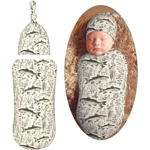 Vintage Bass Fishes Fishing Newborn Swaddle Blankets Hat Sets Soft Baby Receiving Blanket Swaddle Sack for Baby Shower Infant Boy Girl Gift