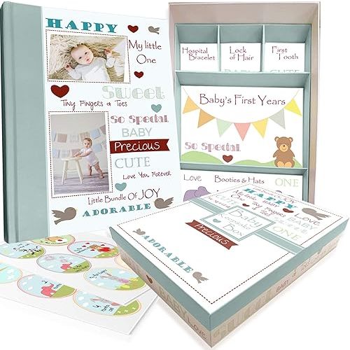 Baby Memory Book for Baby Boy or Girl, First 5 Years Keepsake, Gender Neutral, 64 Pages, 30 Baby Monthly Milestone Stickers Included