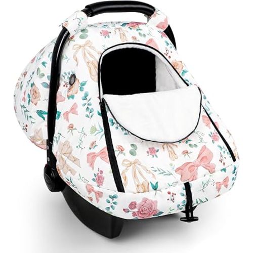 Winter Car Seat Cover Baby, GFU Warm Carseat Cover for Babies, Universal Infant Car Seat Canopy Waterproof, Cold Weather Shield Coats Pink Bow