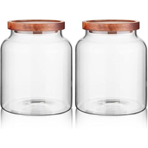 Labina Glass Storage Container Airtight Food Jars Kitchen Canister with Wood Lids, 60 Oz Wide Mouth Pantry Organization Glass Jar for Flour, Sugar, Cookie, Spagetti, Nuts and Candy (2 Pack)