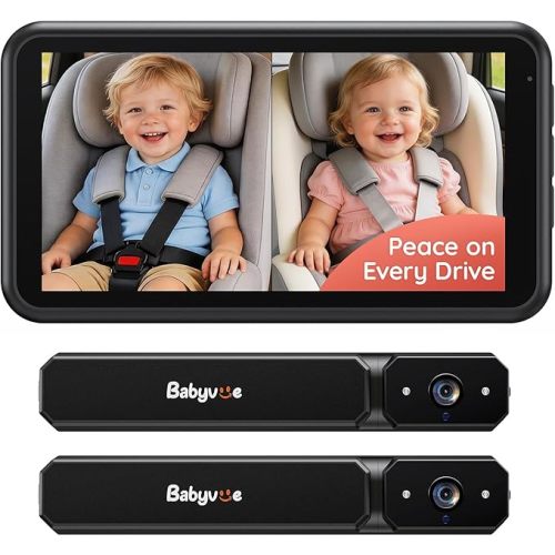 Babyvue Wireless Dual Car Camera Baby Monitor Fast Setup, HD1080P Spilt-Dispaly Baby Car Monitor for 2 Kids, Auto IR Night Vision Carseat Camera for Newborns Gift Black