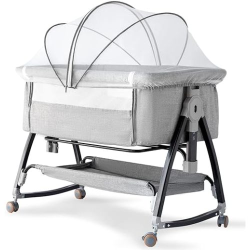Bedside Crib, 3 in 1 Bassinet with Quick Height Adjustment and Mosquito Nets, Easy to Fold, Portable Beside Bassinet with Golden Triangle Structure, CPSC Certification