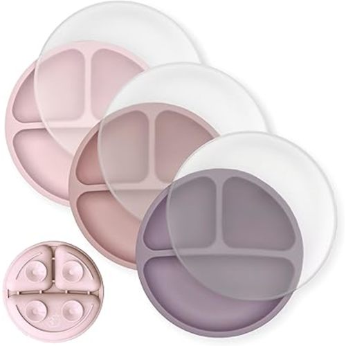 Hippypotamus Toddler Plates with Suction - 100% Food-Grade Silicone Baby Plates with Lids - Microwave & Dishwasher Safe - BPA Free - Set of 3 (Orchid/Blush/Primrose with LIDS)