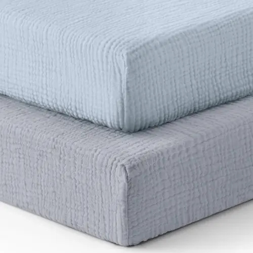 Blissful Diary Muslin Crib Sheets for Girl Boy, Boho Neutral Soft Cotton Baby Sheet for 52''x28'' Standard Crib Mattress, 2 Pack(Light Blue&Grey)