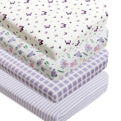 4 Pack Butterfly Baby Crib Sheets for Baby Girls Purple Crib Fitted Sheets for Standard Size Crib and Toddler Mattress Soft and Breathable (Crib)