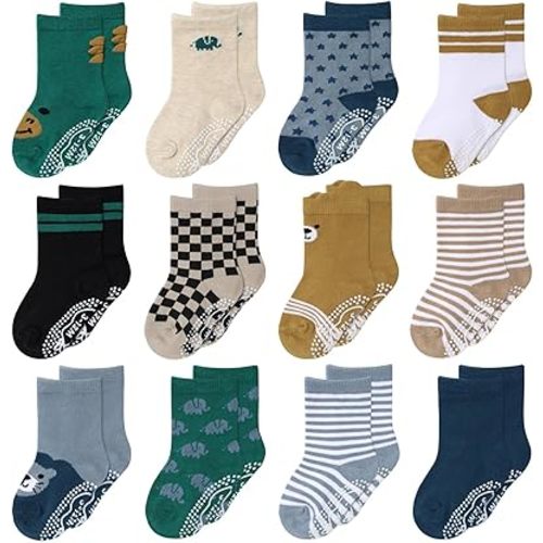 The Peanutshell Organic Baby Boy Socks 0-24 Months Set of 12 - Non-Slip Grip, 100% Cotton Newborn & Toddler Socks - Bold