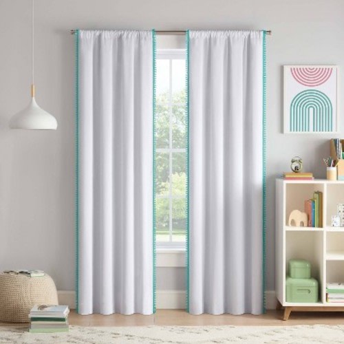 Kids' 100% Blackout Tassel Border Curtain Panel with Rod Pocket White/Teal Blue - Eclipse, Size: 40"x84"
