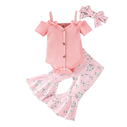 Kaipiclos Newborn Baby Girl Christmas Outfit Solid Color Long Sleeve Romper Cute Print Flare Pants Headband 3PC Fall Clothes